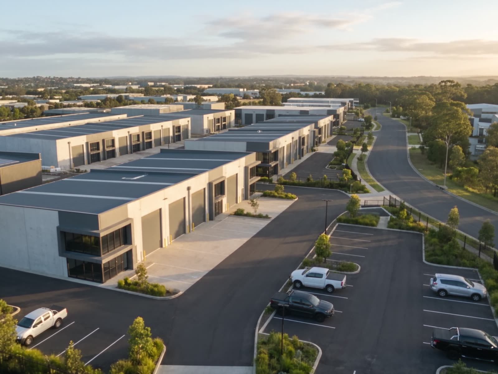 Industrial estate from above — warehouse rows, hardstand and solar roofs in morning light
