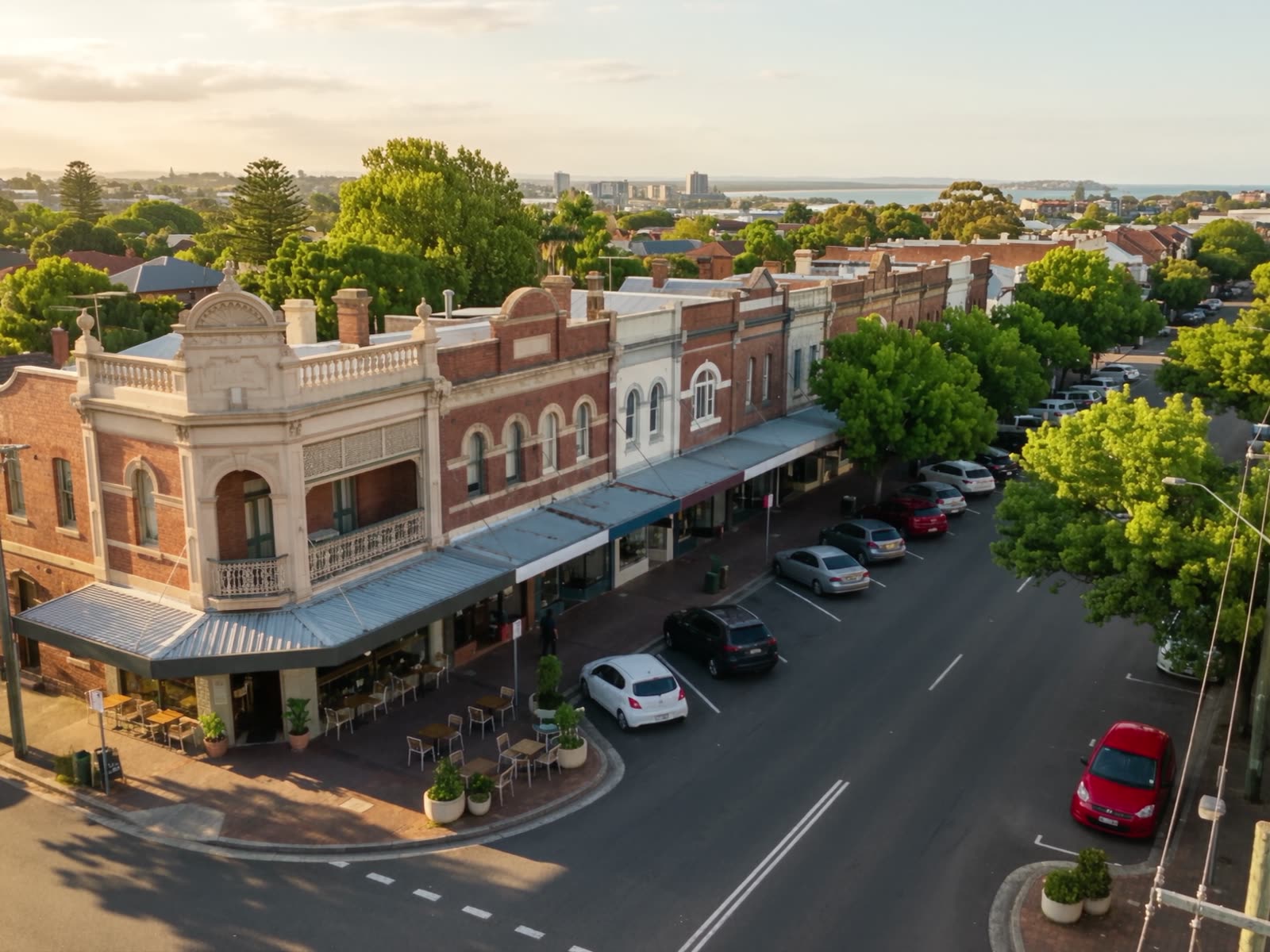 Occupied heritage retail strip — corner tenancy under the awnings