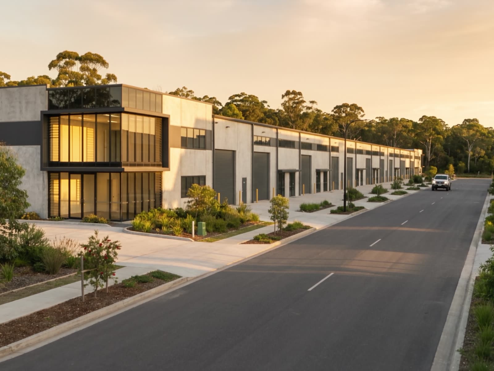 New industrial units — street frontage at dusk